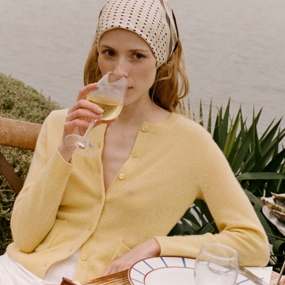 Doen Freya Cashmere Crewneck Pocket Button Knit Sweater Top Lemon Chiffon Yellow - Picture 2 of 13